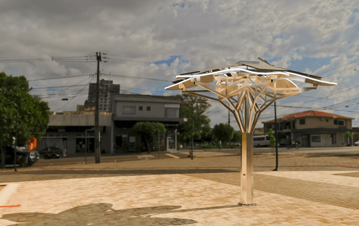 Árvore Solar instalada em uma praça, iluminando e reunindo pessoas ao redor